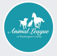 Animal League of Washington County, (Fayetteville, Arkansas), logo circle teal background with dog, cat, horse in white 