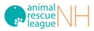 Animal Rescue League of NH, (Bedford, New Hampshire), logo turquoise animal tag with white paw next to turquoise and orange text