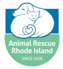 Animal Rescue Rhode Island, (Wakefield, Rhode Island), logo of white dog and cat curled up together, tails forming heart on blue background and white text on green background