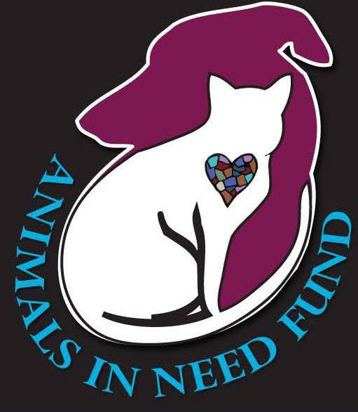 Animals in Need Fund (Nipoma, California) logo with a white cat with a mosaic heart inside a purple dog