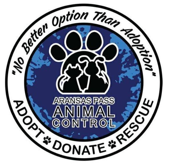 Aransas Pass Animal Control, (Aransas Pass, Texas) logo paw with dog and cat in black within circle with black text