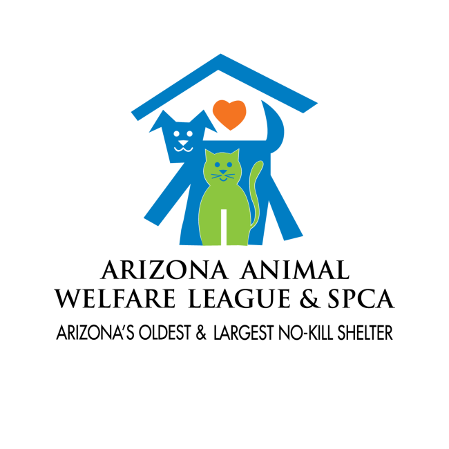Arizona Animal Welfare League & SPCA (Phoenix, Arizona) logo blue dog green cat under blue roof with red heart