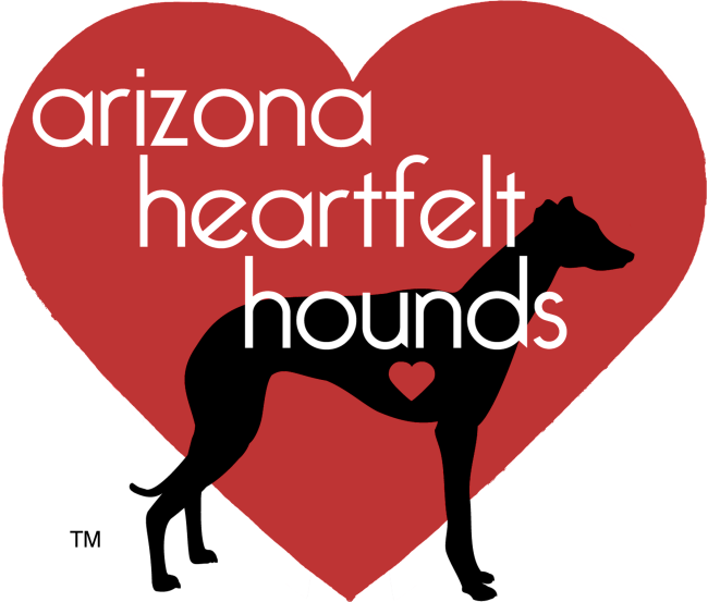 Arizona Heartfelt Hounds (Tucson, Arizona) logo with red heart background with black greyhound silhouette with heart 