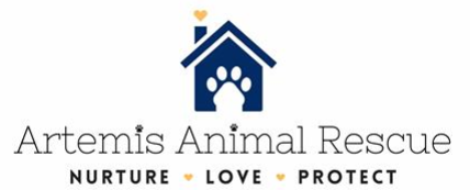 Artemis Animal Rescue (Edinburg, Texas) logo with blue dog house with white paw print as door over org name