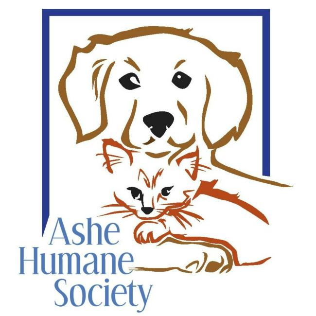 Ashe Humane Society, (West Jefferson, North Carolina), logo drawing of tan dog and red cat in blue frame with light blue text