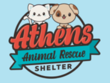 Athens Animal Rescue Shelter, (Malakoff, Texas) logo blue white cat and brown dog face in circle with red and black text