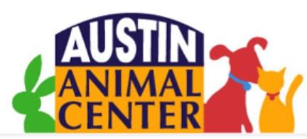 Austin Animal Center, (Austin, Texas), logo green rabbit, red dog and yellow cat sitting next to blue and yellow sign with white and black text