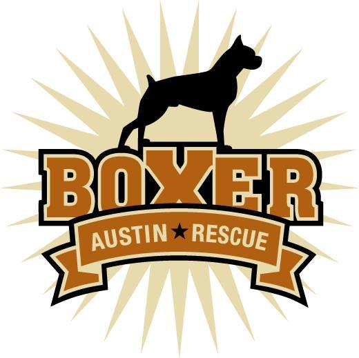 Austin Boxer Rescue (Austin, Texas) logo light yellow sunburst background black silhouette of boxer dog on top of dark tan colored lettering with dark tan banner with light yellow lettering