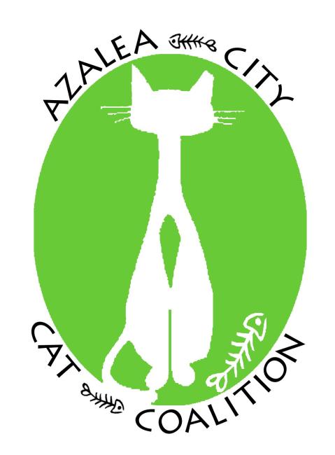 Azalea City Cat Coalition (Mobile, Alabama) logo with white cat on green oval background text