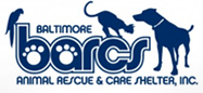 Baltimore Animal Rescue and Care Shelter (BARCS), (Baltimore, Maryland), logo with bird, cat, and dog and paw prints in BARCS acronym