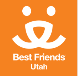 Best Friends Utah (Salt Lake City, Utah) logo with an orange dog face with Best Friends Save Them All tagline
