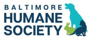 Baltimore Humane Society, (Reisterstown, Maryland), logo light blue dog dark blue cat and green bunny next to blue text