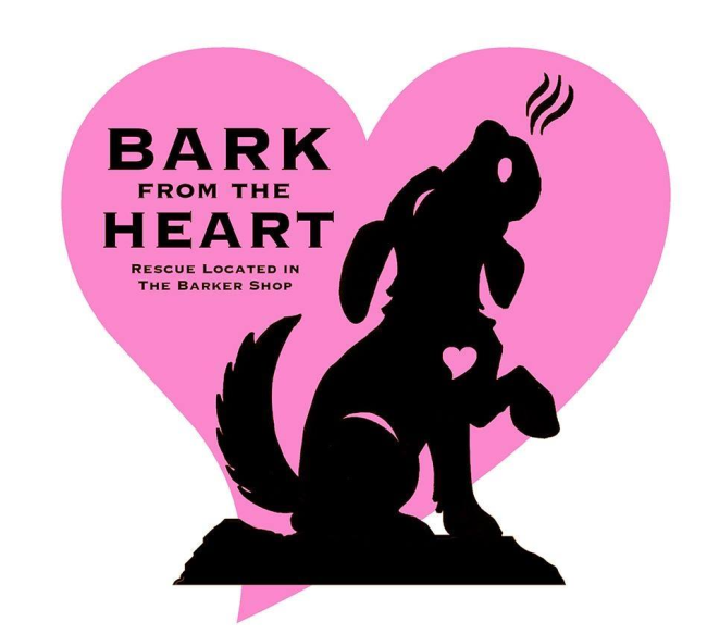 Bark from the Heart Rescue (La Grange, Illinois) logo with dog howling in pink heart