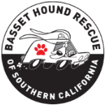 Basset Hound Rescue of So. California, (Whittier, California), logo drawing of basset as ambulance with long ears in center of black and white circle with black and white text