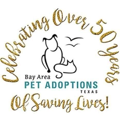 Bay Area Pet Adoptions/SPCA (San Leon, Texas) logo with dog and cat celebrating over 50 years of saving lives