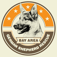 Bay Area German Shepherd Rescue (Fulton, California) logo of German Shepherd in circle with five stars and "Bay Area" banner