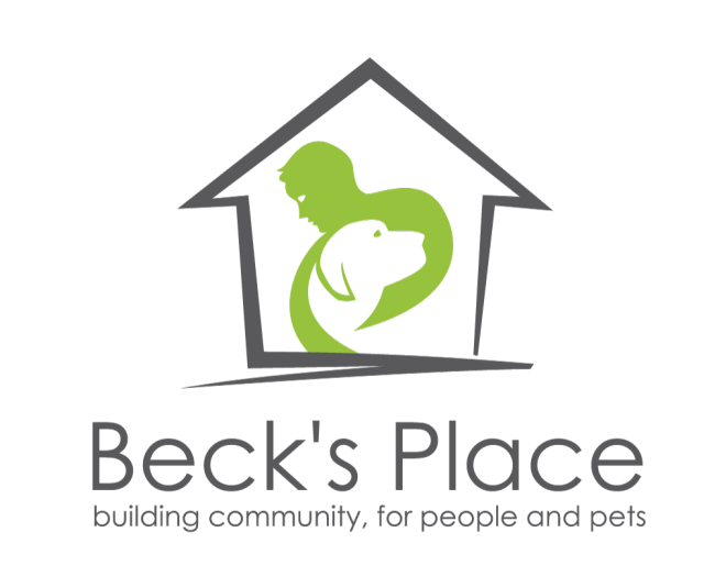 Beck's Place (Monroe, Washington) logo large grey outline of house lime green silhouette of human hugging white silhouette of dog large and small grey text at bottom