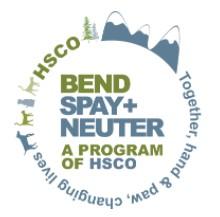 Bend Spay & Neuter Project, (Bend, Oregon), logo green and blue text surrounded by drawings of mountains, dogs and cats and smaller text