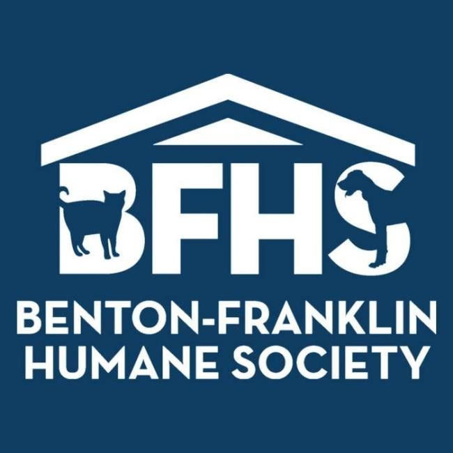 Benton-Franklin Humane Society, (Kennewick, Washington), logo white rooftop and BFHS acronym with dog and cat on dark teal background