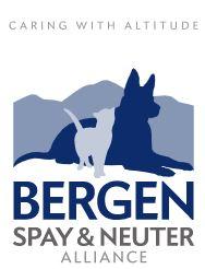 Bergen Spay and Neuter Alliance, (Denver, Colorado) logo Dark blue dog and light blue cat with Blue and grey text and white