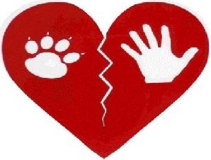 Best Friends Sanctuary, (Jamestown, Tennessee), logo red heart with a crack and a white pawprint on one side and a handprint on the other side