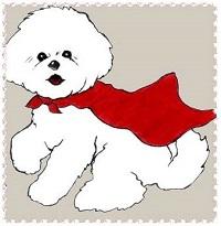 Bichon Rescue Brigade (Orange, California) logo with white Bichon Frise dog wearing red cape with front right paw raised
