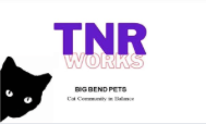 Big Bend Pets, (Alpine, Texas), logo black cat with tipped ear left of TNR, in purple, Works