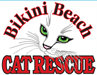 Bikini Beach Cat Rescue (Murrells Inlet, South Carolina) logo with red lettering with white cat face with whiskers in the center
