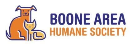 Boone Area Humane Society, (Boone, Iowa), logo orange dog and tan cat with blue and orange text