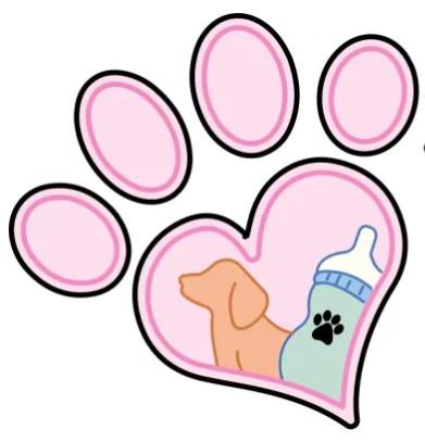 Bottle Pups and Mama Dog Rescue, (Moab, Utah), logo drawing of brown puppy and blue baby bottle inside of pink pawprint
