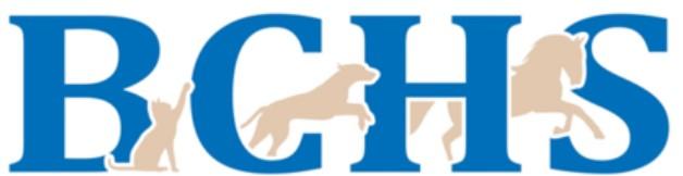 Brown County Humane Society, (Georgetown, Ohio), logo four blue capital letters with a tan cat, dog and horse jumping through them