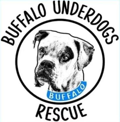 Buffalo Underdogs Rescue Inc, (Amherst, New York), logo with black and white boxer type dog with blue collar in black circle and black text