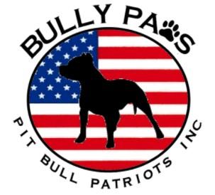 Bully Paws- Pit Bull Patriots, Inc, (Fredericksburg, Virginia), logo black pit bull on American flag background inside black circle with black text