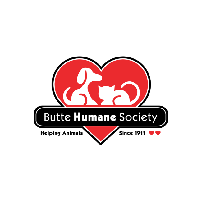 Butte Humane Society, (Chico, California), logo dog and cat in red heart text below