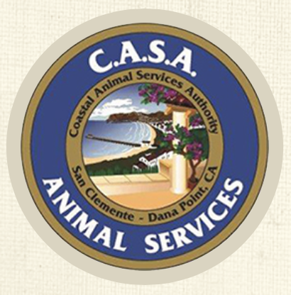 Coastal Animal Services Authority, (San Clemente, California), logo blue ring around painted coastal landscape with white text