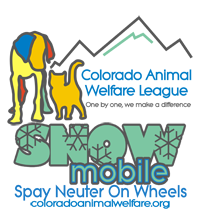 Colorado Animal Welfare League (Castle Rock, Colorado) logo with mountain, dog, cat, & text 'Snowmobile Spay Neuter on Wheels'