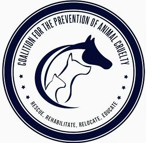 Coalition for the Prevention of Animal Cruelty, (Crockett, Texas), logo with horse, dog, cat and with name & tagline in circle