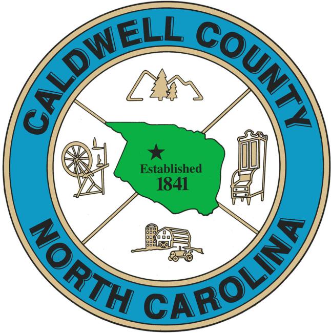Caldwell County Animal Control, (Lenoir, North Carolina), round logo blue rim with black text around four drawings of farm, furniture, sawmill and mountains with green map of county in the center