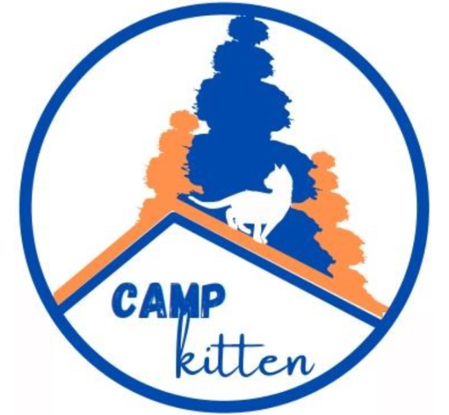 Camp Kitten (Andover, Minnesota) logo bright navy blue circle orange and bright navy blue brush stroked trees silhouette of white cat on orange and bright navy blue roof lines bright navy blue letters below