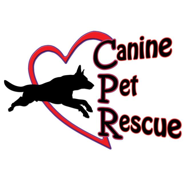 Canine Pet Rescue (Dacula, Georgia) logo black dog jumping through red heart with blackk and red lettering
