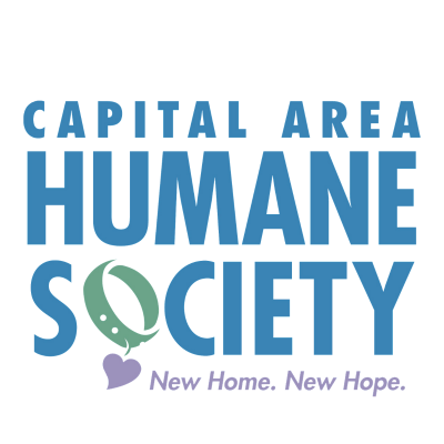 Capital Area Humane Society, (Lansing, Michigan), logo blue text with green collar with purple heart tag as O