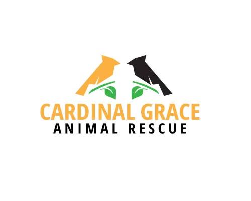 Cardinal Grace Animal Rescue (Davenport, Washington) logo silhouettes of birds one melon color and one black each on a green branch facing each other melon and black text below