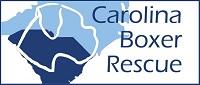 Carolina Boxer Rescue (Mint Hill, North Carolina) logo has boxer head outline over blue North and South Carolina states