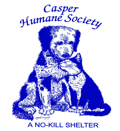 Casper Humane Society (Casper, Wyoming) logo is drawing of cat nuzzling dog with organization name at the top all in blue