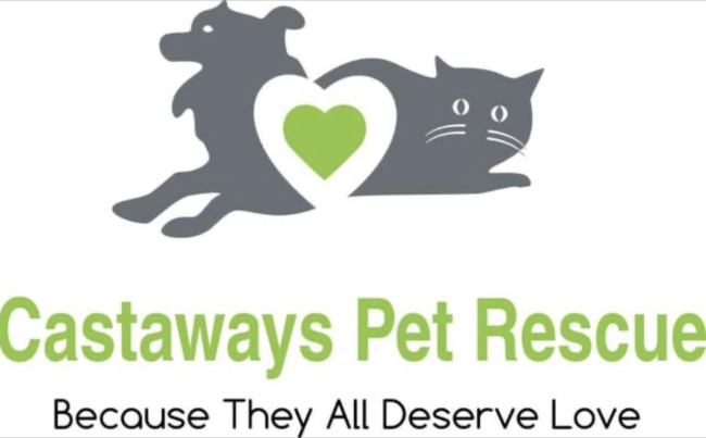 Castaways Pet Rescue, Inc, (Darien, Georgia), logo grey dog grey cat green heart green and grey text