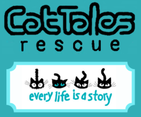 Cat Tales Rescue, (Vacaville, California) logo black text on turquoise background with 4 cat faces in black, white, and turquois