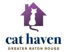 Cat Haven (Baton Rouge, Louisiana) logo has a white cat in a purple house