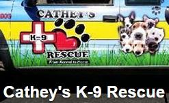Cathey’s K-9 Rescue (Lake Isabella, California) logo has a pawprint heart and “K-9” in a white cross