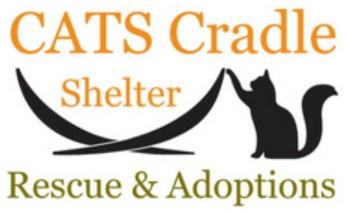 Cats Cradle Shelter, Inc., (Fargo, North Carolina), logo black cat with paw on black cradle with orange and green text