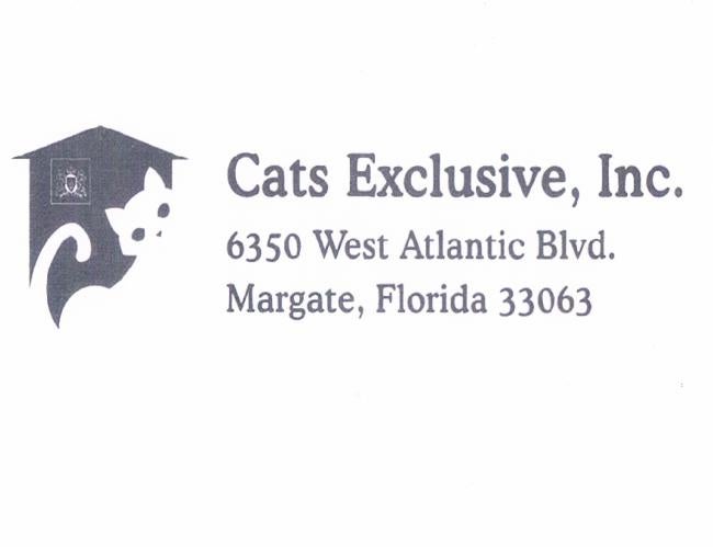 Cats Exclusive, Inc. (Margate, Florida) logo faded dark grey house with window with drawn outline from bottom left to top right of white cat with faded grey features faded grey business card lettering to the right